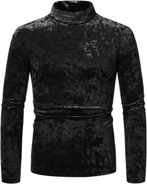 Mens Velvet Turtleneck Sweater Long Sleeve Solid Color T-Shirts Basic Slim Fit Pullover Tees