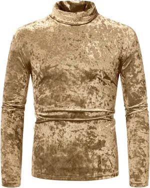Mens Velvet Turtleneck Sweater Long Sleeve Solid Color T-Shirts Basic Slim Fit Pullover Tees