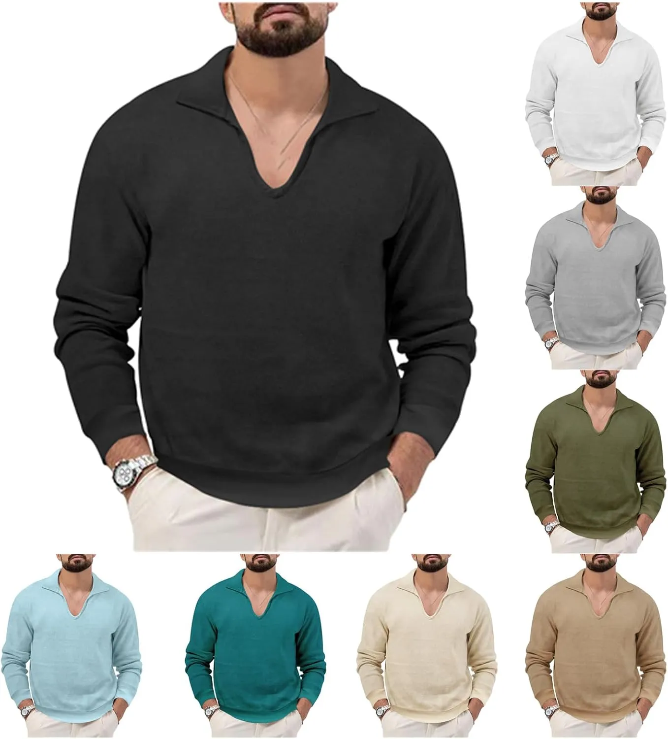 Mens Waffle Polo Shirt Long Sleeve V Neck Casual Slim Fit Collared Golf T-Shirts Thermal Textured Pullover Tops