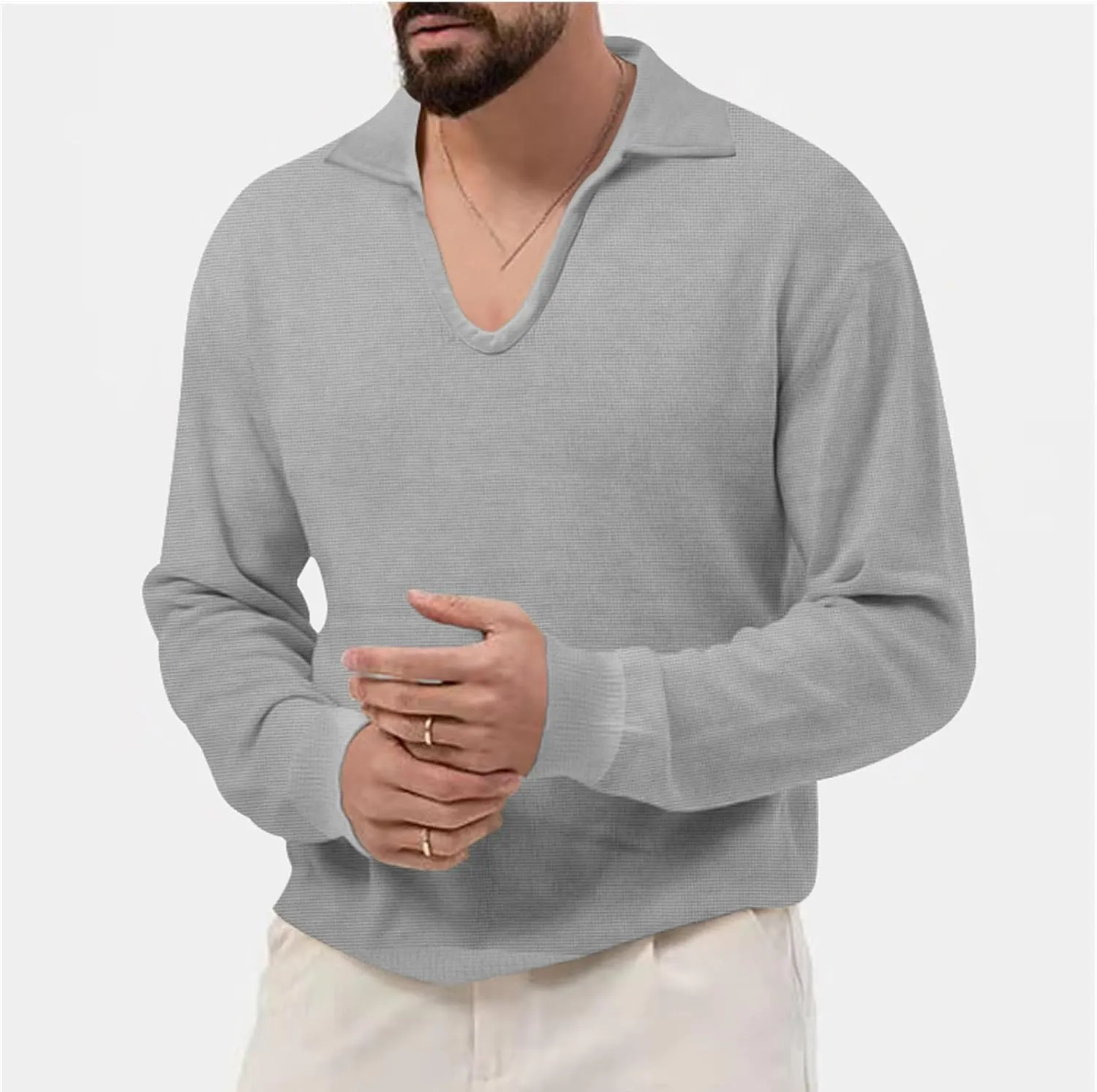 Mens Waffle Polo Shirt Long Sleeve V Neck Casual Slim Fit Collared Golf T-Shirts Thermal Textured Pullover Tops