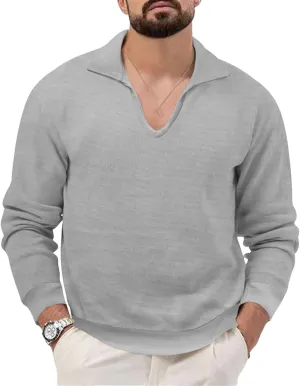 Mens Waffle Polo Shirt Long Sleeve V Neck Casual Slim Fit Collared Golf T-Shirts Thermal Textured Pullover Tops