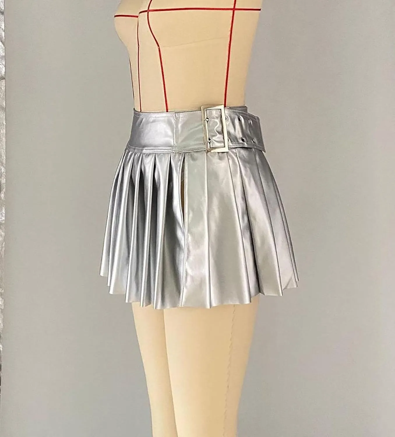 Metallic Flared Pleated Mini Skirt Women's Shiny Metallic A-Line Ruffle Mini Skirts with Split