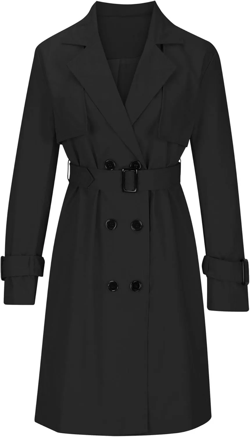 Mid Long Trench Coat for Women Double Breasted Classic Lapel Windproof Overcoat Fashion Outerwear with Belt