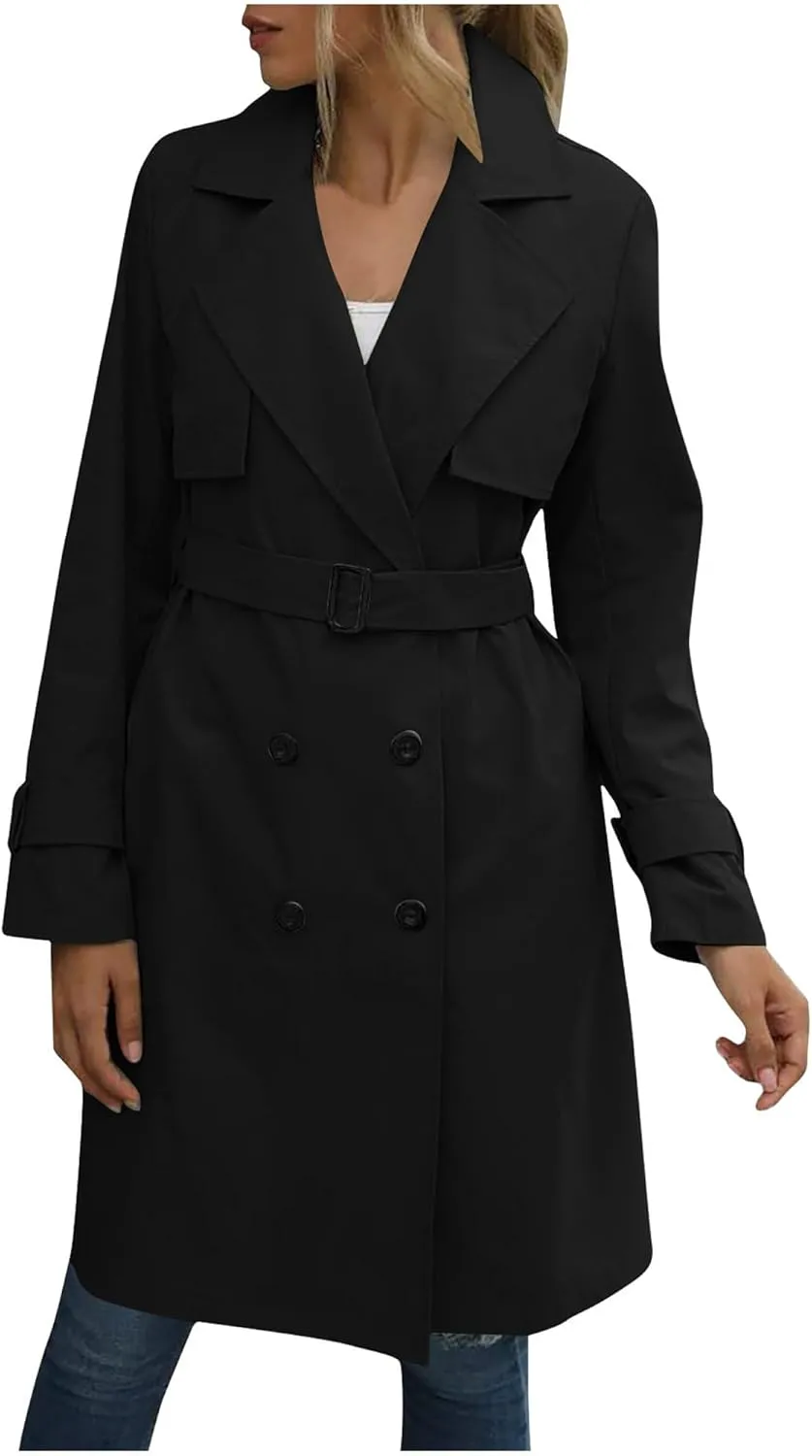Mid Long Trench Coat for Women Double Breasted Classic Lapel Windproof Overcoat Fashion Outerwear with Belt