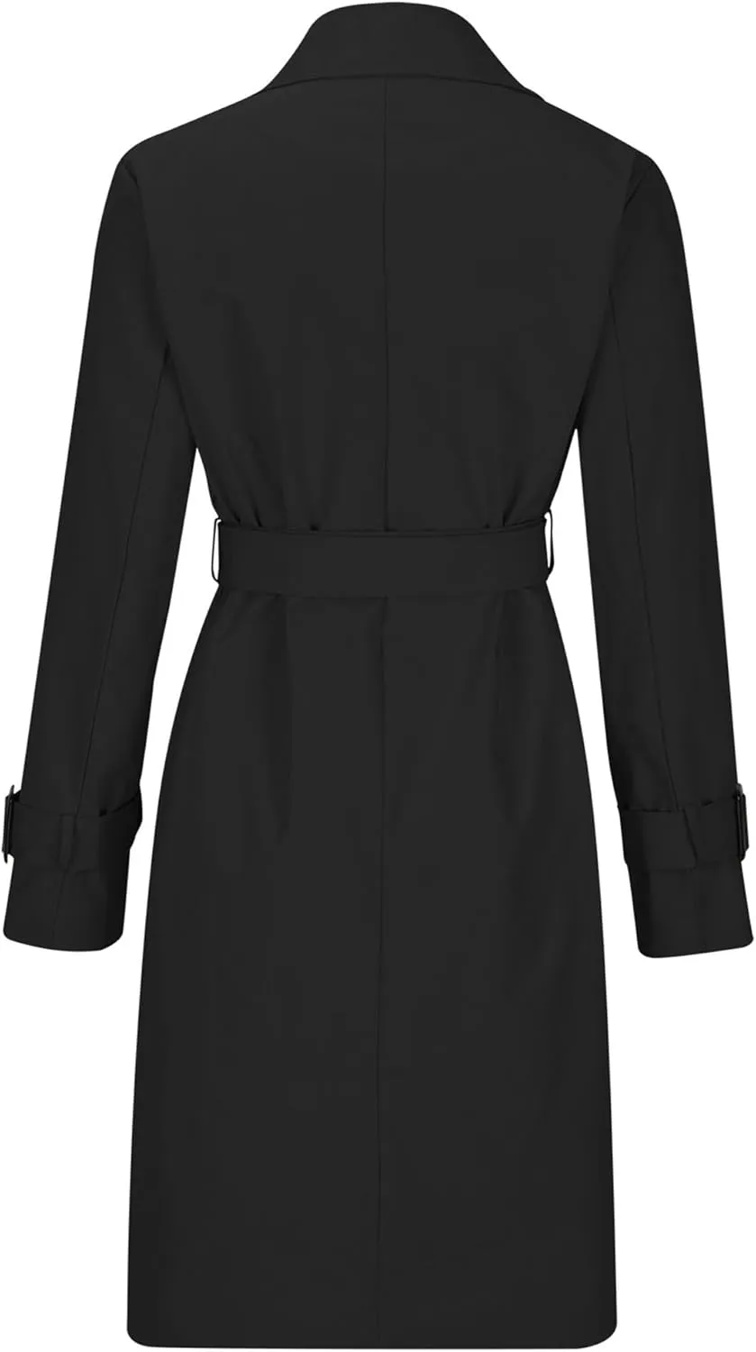 Mid Long Trench Coat for Women Double Breasted Classic Lapel Windproof Overcoat Fashion Outerwear with Belt