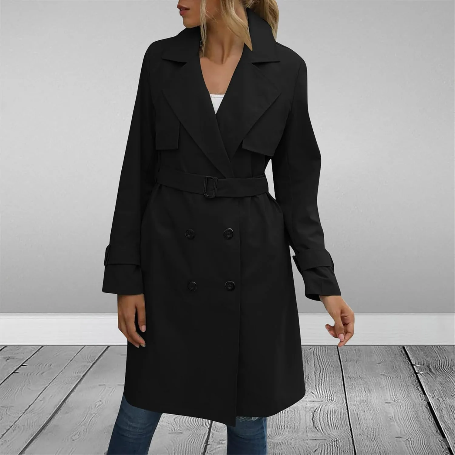 Mid Long Trench Coat for Women Double Breasted Classic Lapel Windproof Overcoat Fashion Outerwear with Belt