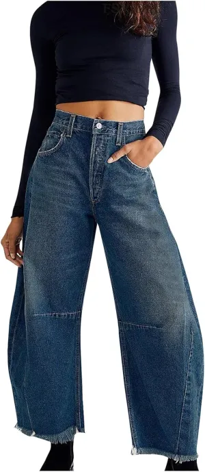 Mid Rise Barrel Jeans for Women Wide Leg Mid Waist Denim Pants Y2k Baggy Boyfriend Relax Fit Trouser Ankle Pants