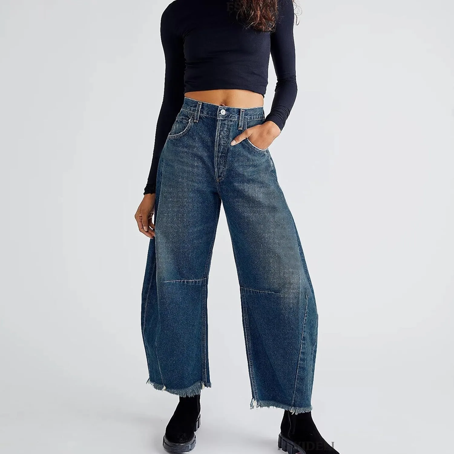 Mid Rise Barrel Jeans for Women Wide Leg Mid Waist Denim Pants Y2k Baggy Boyfriend Relax Fit Trouser Ankle Pants