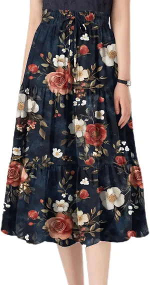 Midi Skirts for Women-2025 Summer Elegant Pleated Floral Skirts Elastic Waisted Tie Front Plus Size Ruffle Skirt