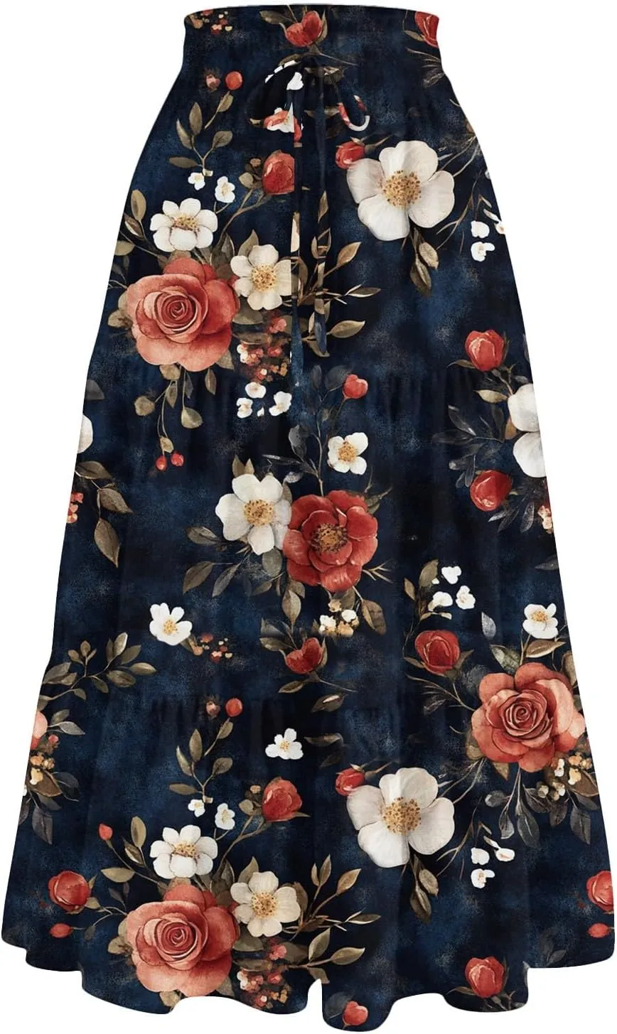 Midi Skirts for Women-2025 Summer Elegant Pleated Floral Skirts Elastic Waisted Tie Front Plus Size Ruffle Skirt