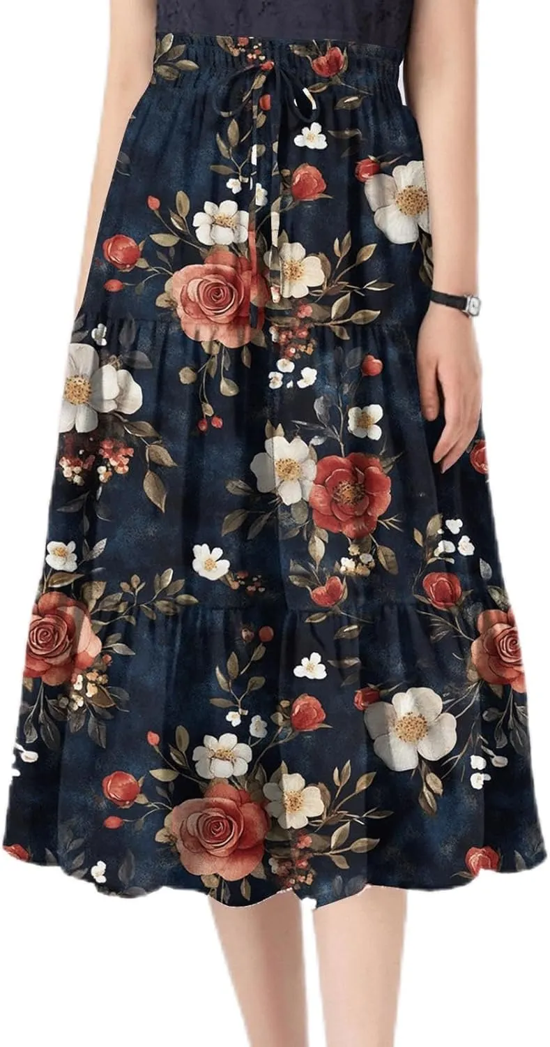 Midi Skirts for Women-2025 Summer Elegant Pleated Floral Skirts Elastic Waisted Tie Front Plus Size Ruffle Skirt