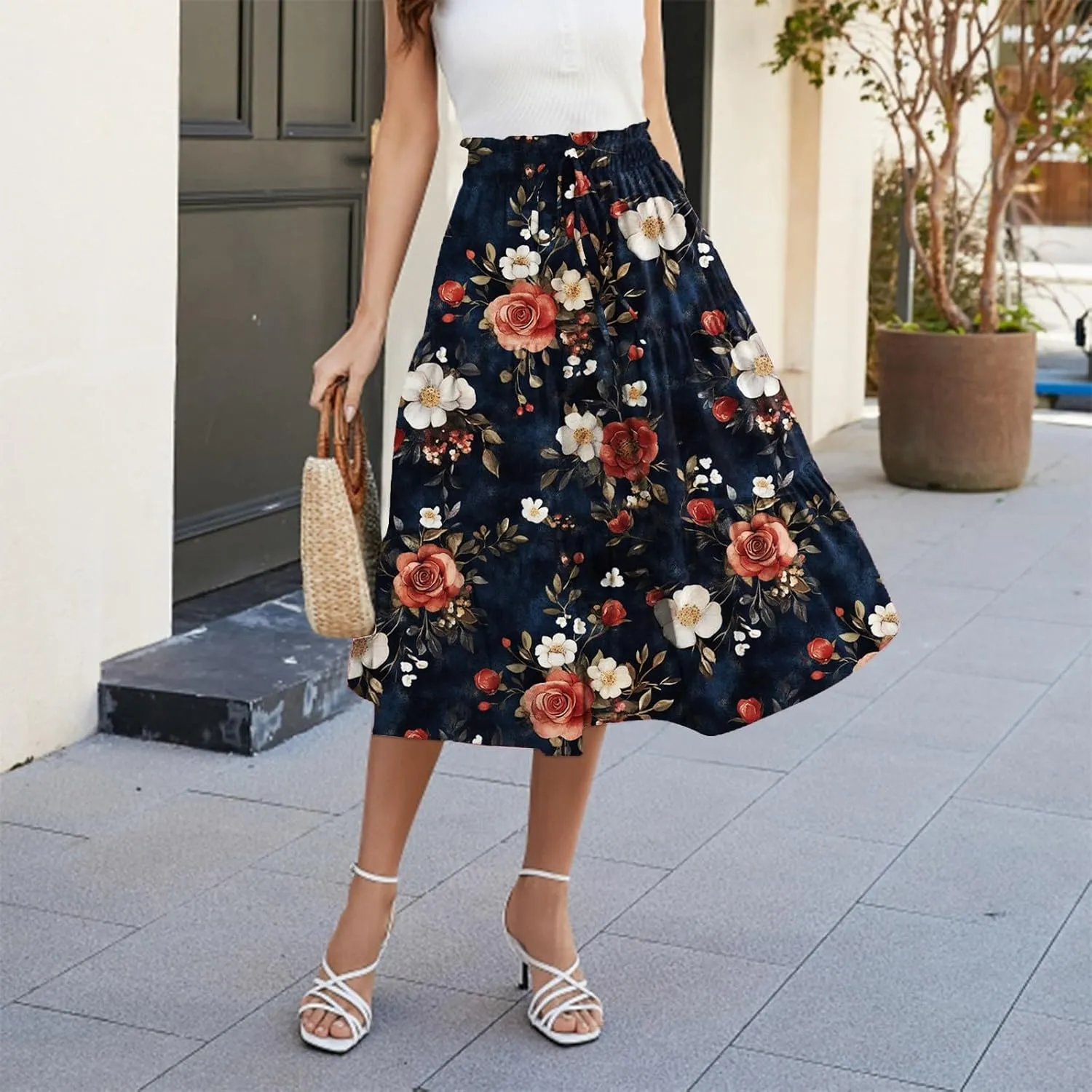 Midi Skirts for Women-2025 Summer Elegant Pleated Floral Skirts Elastic Waisted Tie Front Plus Size Ruffle Skirt