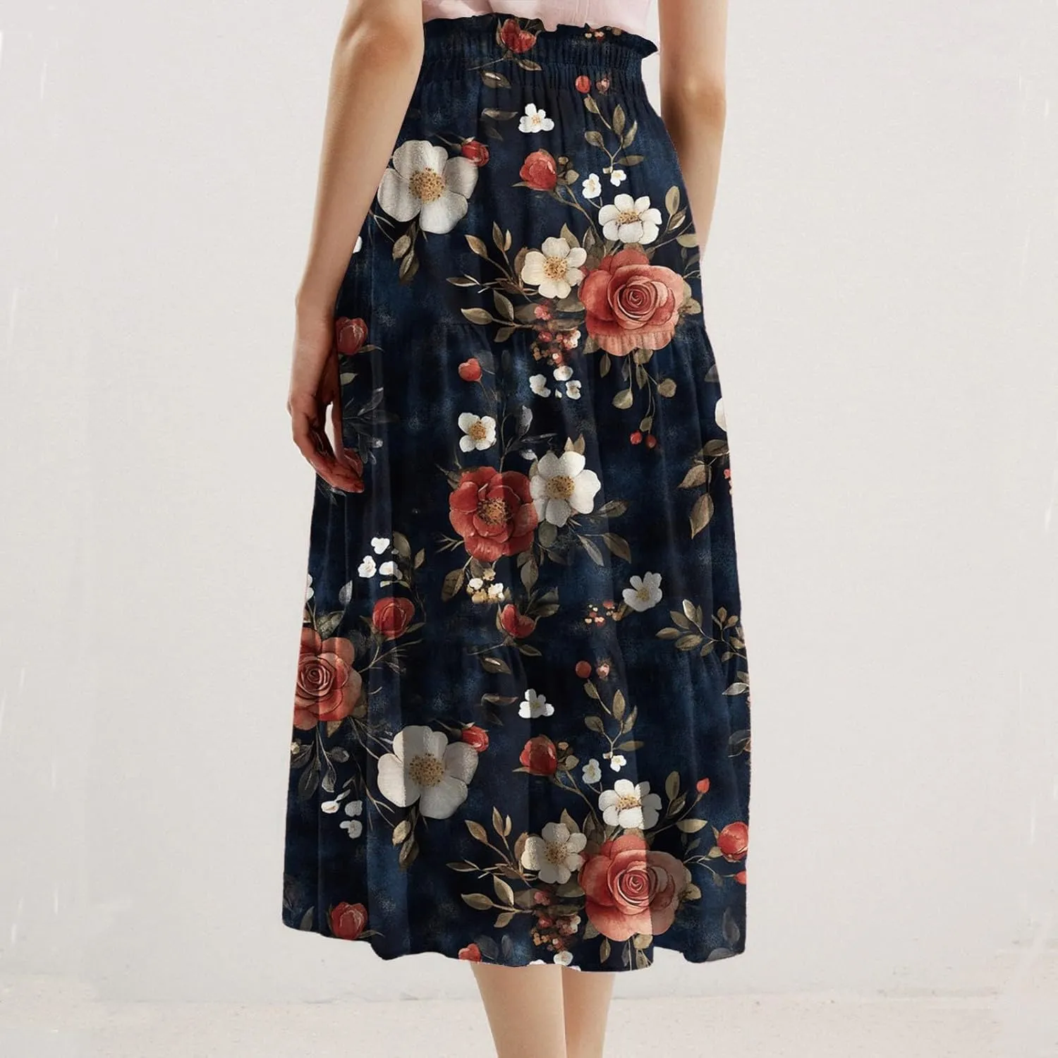 Midi Skirts for Women-2025 Summer Elegant Pleated Floral Skirts Elastic Waisted Tie Front Plus Size Ruffle Skirt