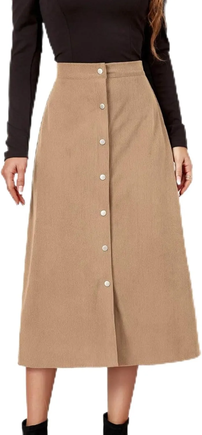 Midi Skirts for Women Trendy Corduroy Skirt Button Down High Waisted Dressy Business Casual A Line Elegant Dress 2025