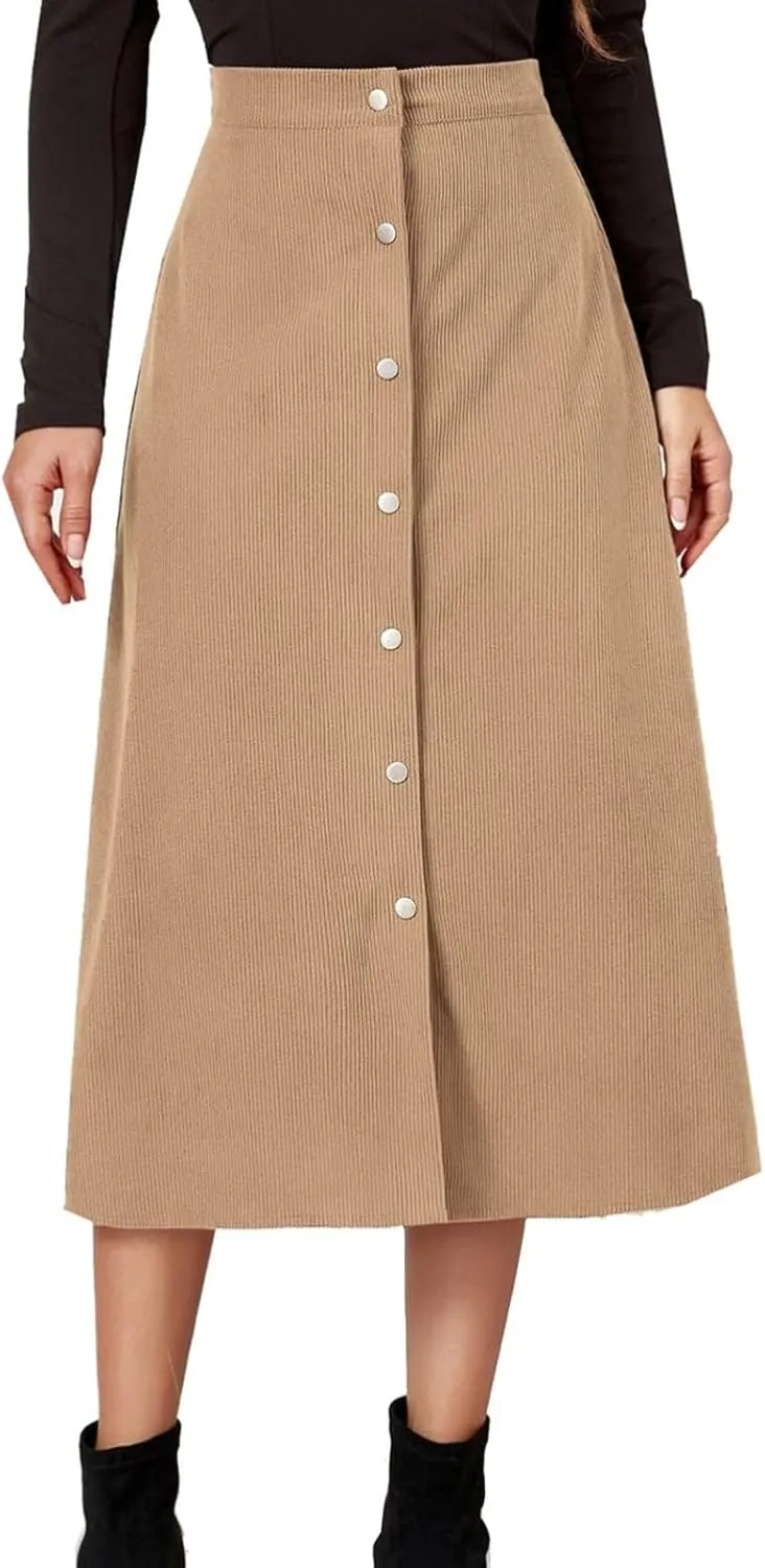 Midi Skirts for Women Trendy Corduroy Skirt Button Down High Waisted Dressy Business Casual A Line Elegant Dress 2025