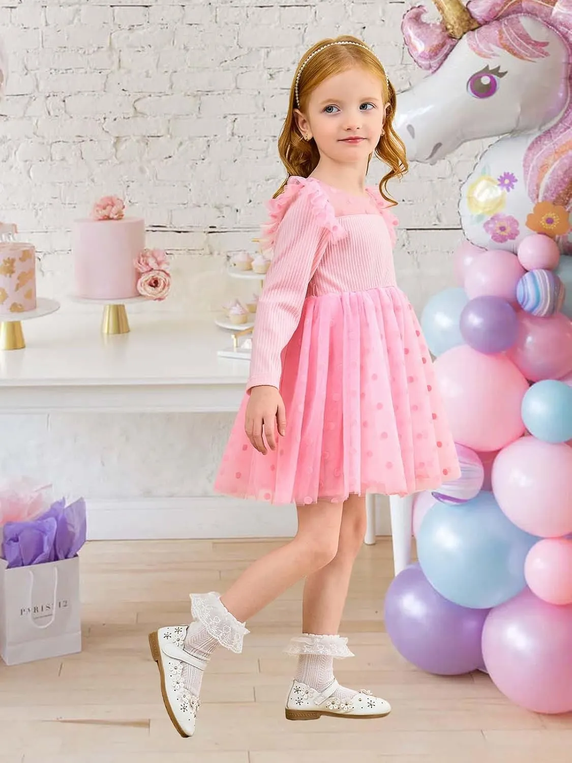 Miipat Toddler Girls Tulle Dress Long Sleeve Tutu Dress Little Kids Ruffle Party Princess Dress