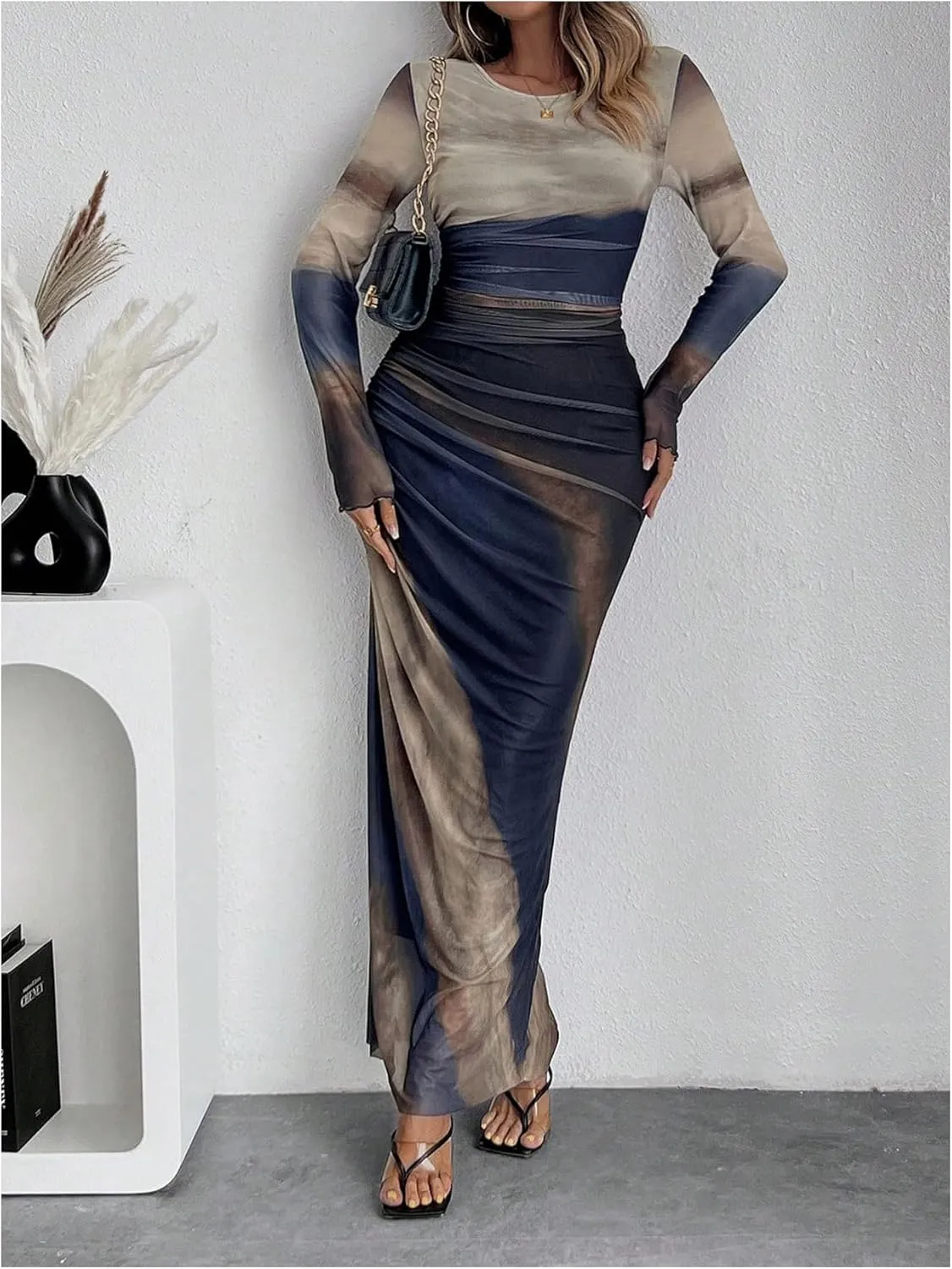 Milumia Women's Ruched Sheer Mesh Long Sleeve Dress Bodycon Long Maxi Dresses