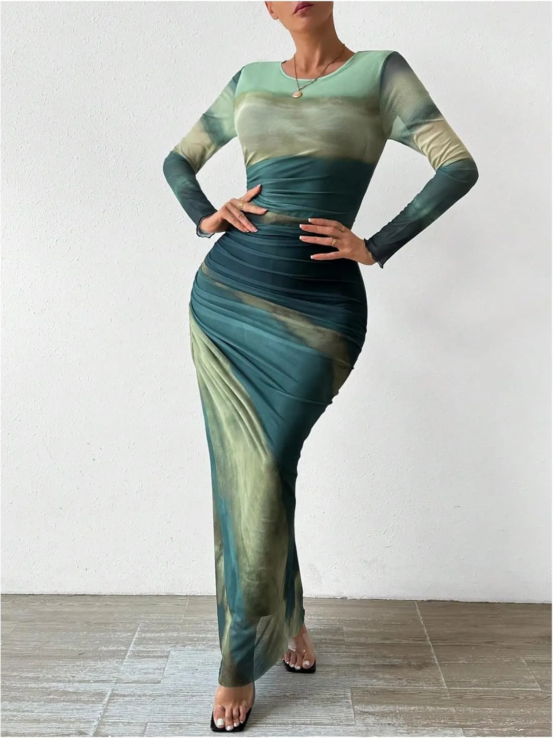 Milumia Women's Ruched Sheer Mesh Long Sleeve Dress Bodycon Long Maxi Dresses