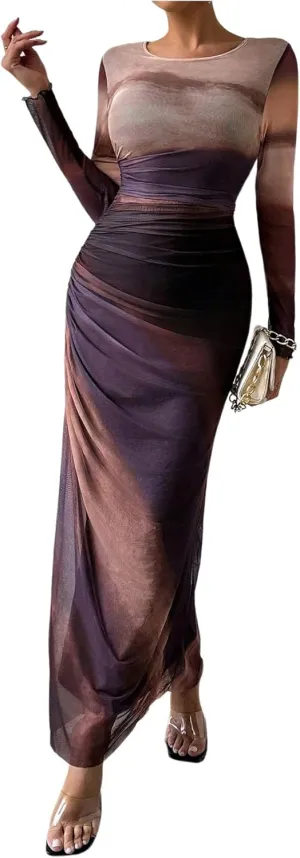 Milumia Women's Ruched Sheer Mesh Long Sleeve Dress Bodycon Long Maxi Dresses
