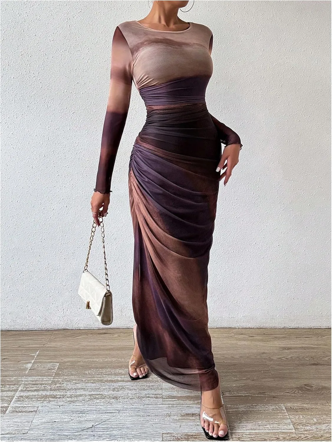Milumia Women's Ruched Sheer Mesh Long Sleeve Dress Bodycon Long Maxi Dresses