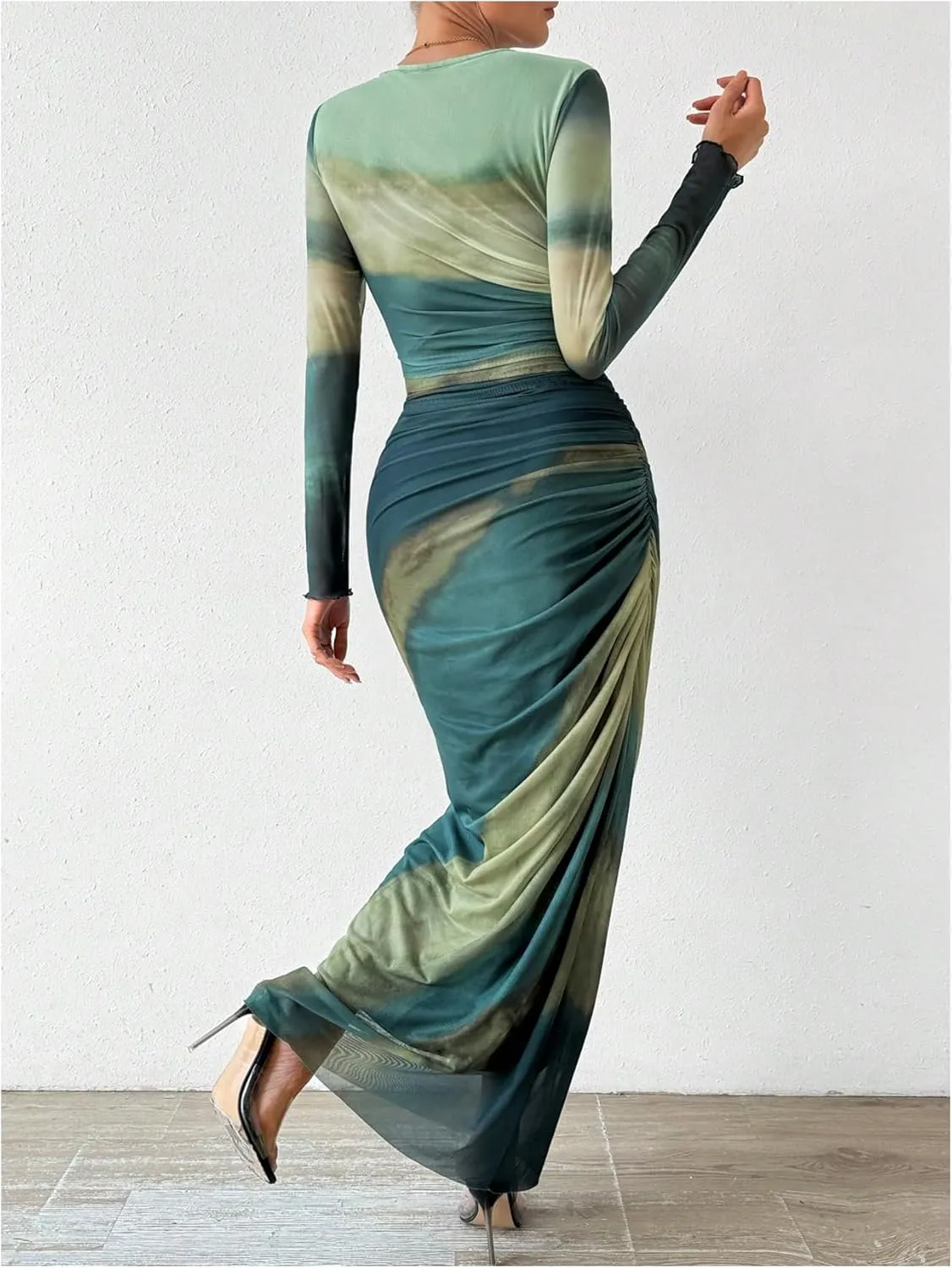 Milumia Women's Ruched Sheer Mesh Long Sleeve Dress Bodycon Long Maxi Dresses