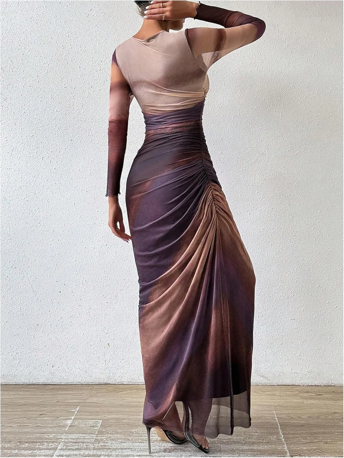 Milumia Women's Ruched Sheer Mesh Long Sleeve Dress Bodycon Long Maxi Dresses