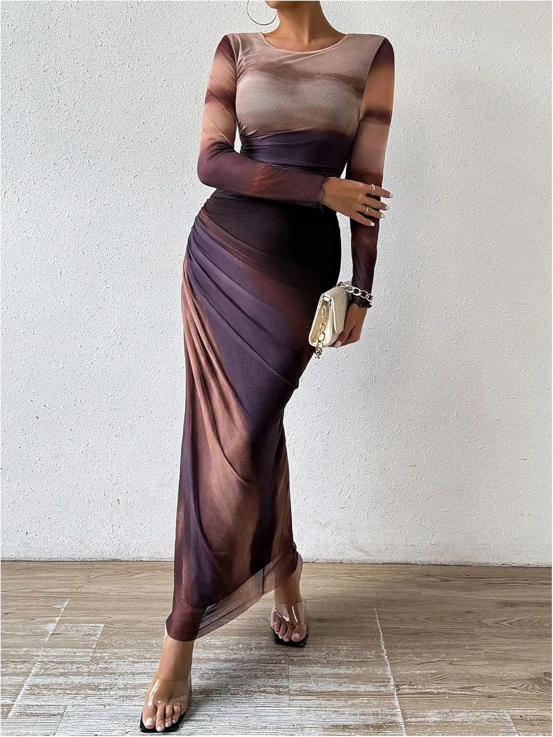 Milumia Women's Ruched Sheer Mesh Long Sleeve Dress Bodycon Long Maxi Dresses