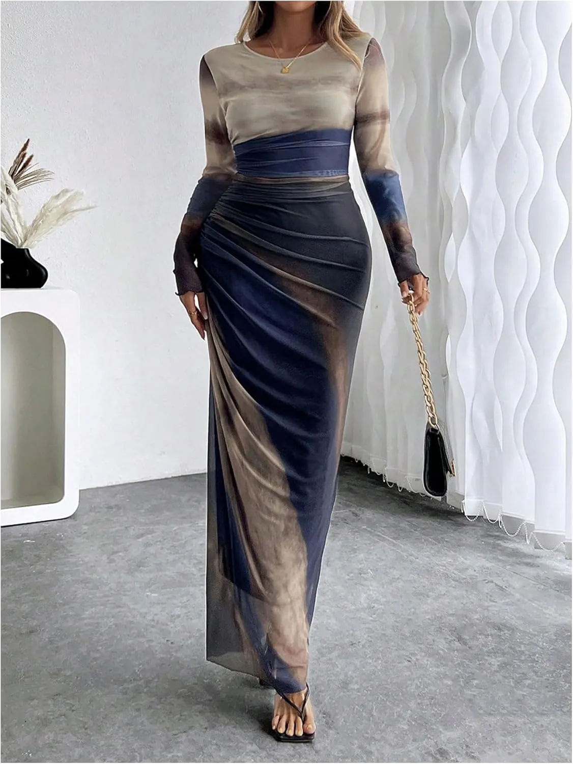 Milumia Women's Ruched Sheer Mesh Long Sleeve Dress Bodycon Long Maxi Dresses