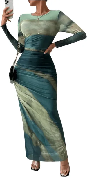 Milumia Women's Ruched Sheer Mesh Long Sleeve Dress Bodycon Long Maxi Dresses