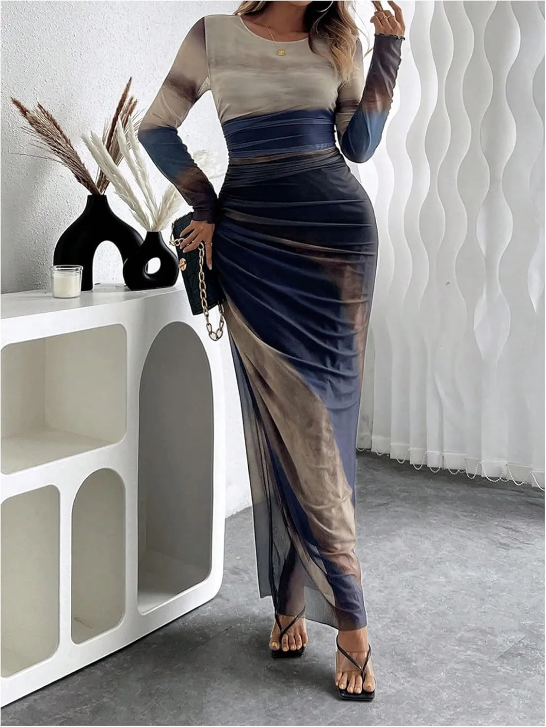 Milumia Women's Ruched Sheer Mesh Long Sleeve Dress Bodycon Long Maxi Dresses