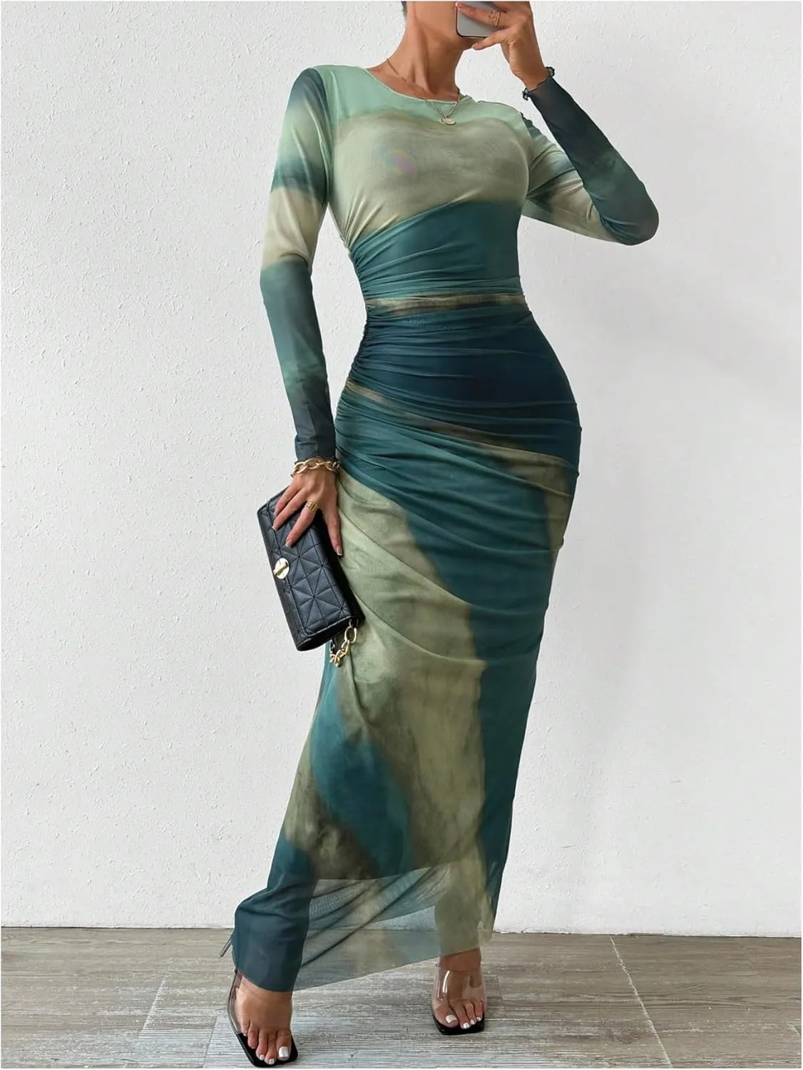 Milumia Women's Ruched Sheer Mesh Long Sleeve Dress Bodycon Long Maxi Dresses