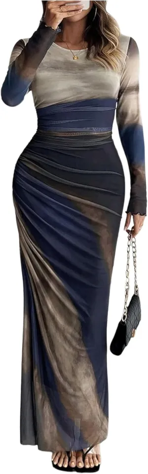 Milumia Women's Ruched Sheer Mesh Long Sleeve Dress Bodycon Long Maxi Dresses