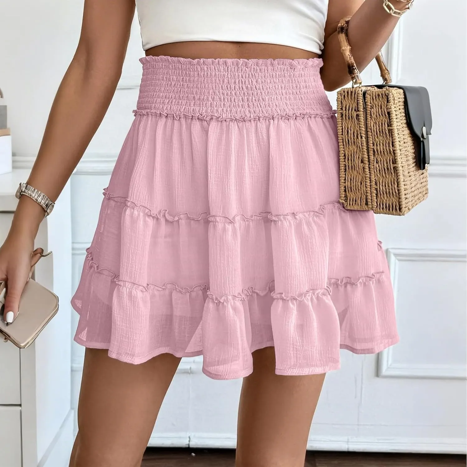 Mini Skirts with Shorts for Women Cute Summer High Waisted Tiered Ruffle Short Skirt Flowy Beach Chiffon Skirt