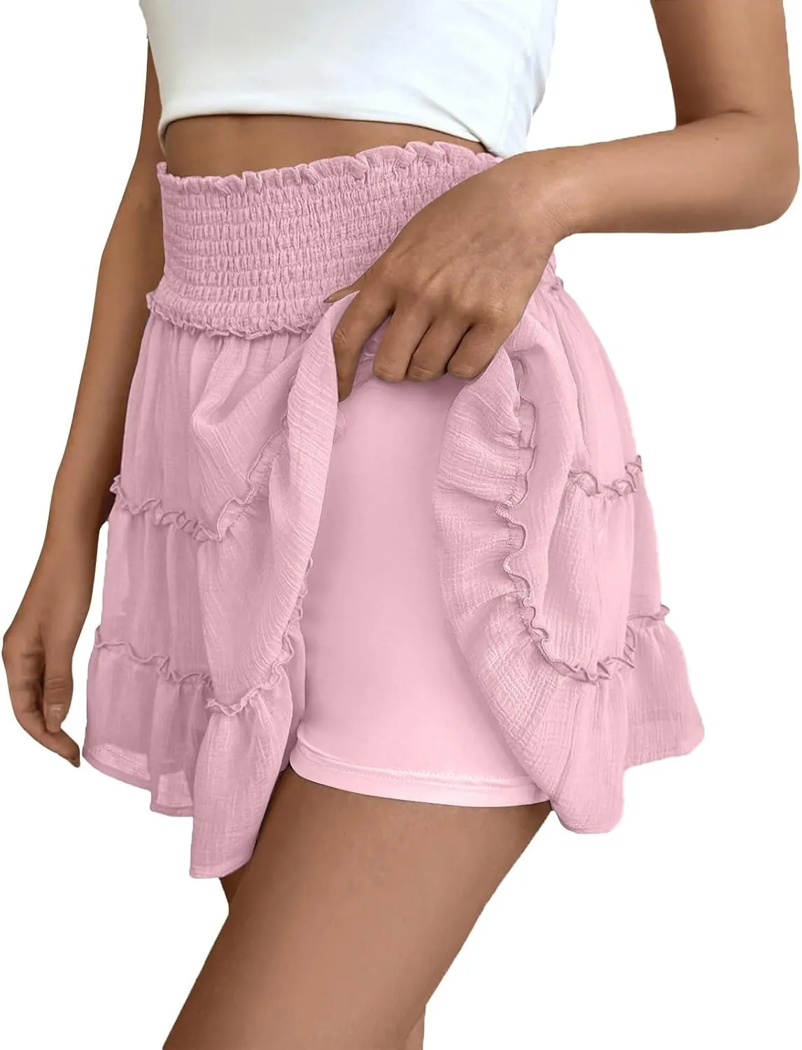 Mini Skirts with Shorts for Women Cute Summer High Waisted Tiered Ruffle Short Skirt Flowy Beach Chiffon Skirt