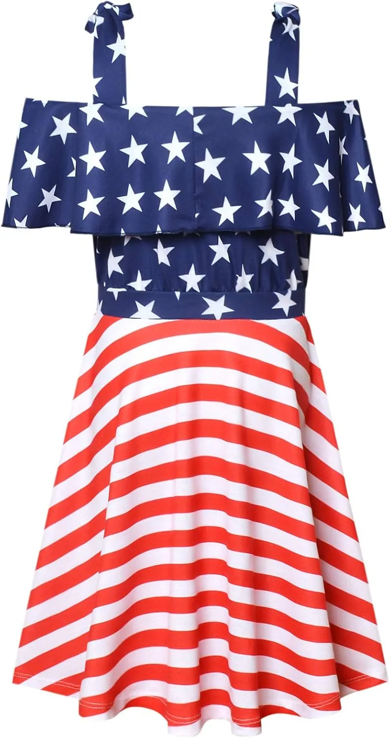 Mirawise Girl's Tie Shoulder Sleeveless Ruffle Summer Casual Cotton Sundress A-line Swing Dress for 4-12 Years Kids