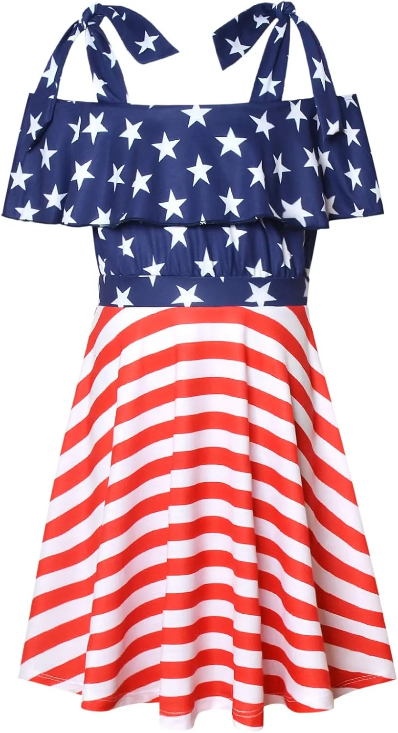 Mirawise Girl's Tie Shoulder Sleeveless Ruffle Summer Casual Cotton Sundress A-line Swing Dress for 4-12 Years Kids