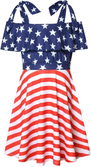 Mirawise Girl's Tie Shoulder Sleeveless Ruffle Summer Casual Cotton Sundress A-line Swing Dress for 4-12 Years Kids