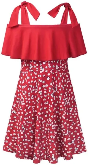 Mirawise Girl's Tie Shoulder Sleeveless Ruffle Summer Casual Cotton Sundress A-line Swing Dress for 4-12 Years Kids