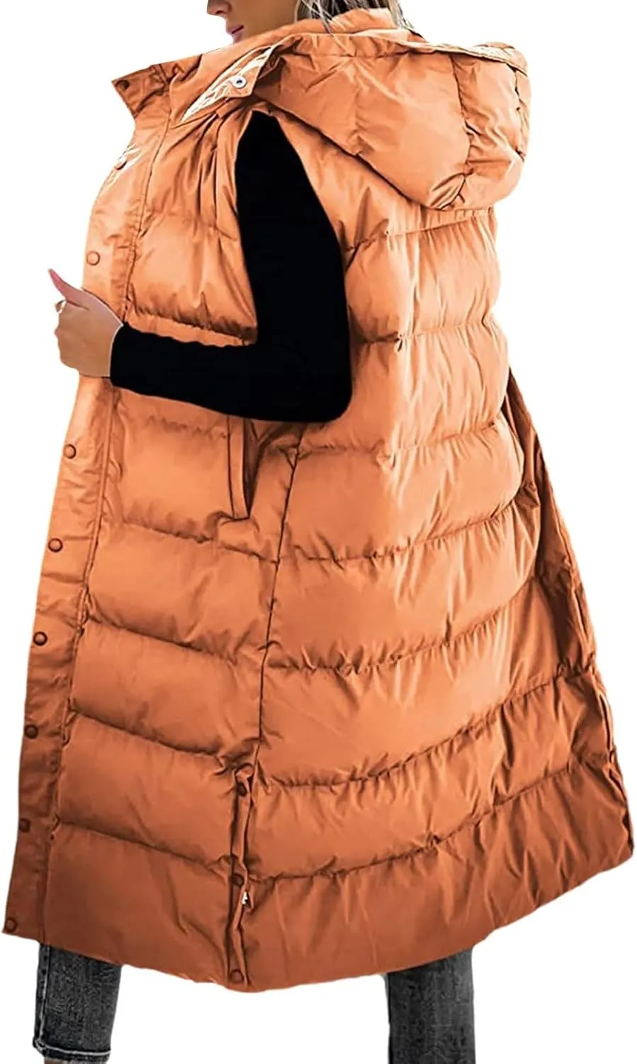 Mmoneyake Long Puffer Vest Women with Hood 2024 Button Zip Up Sleeveless Vests Quilted Puffer Down Jacket Winter Long Coats