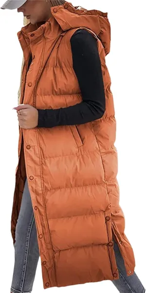 Mmoneyake Long Puffer Vest Women with Hood 2024 Button Zip Up Sleeveless Vests Quilted Puffer Down Jacket Winter Long Coats
