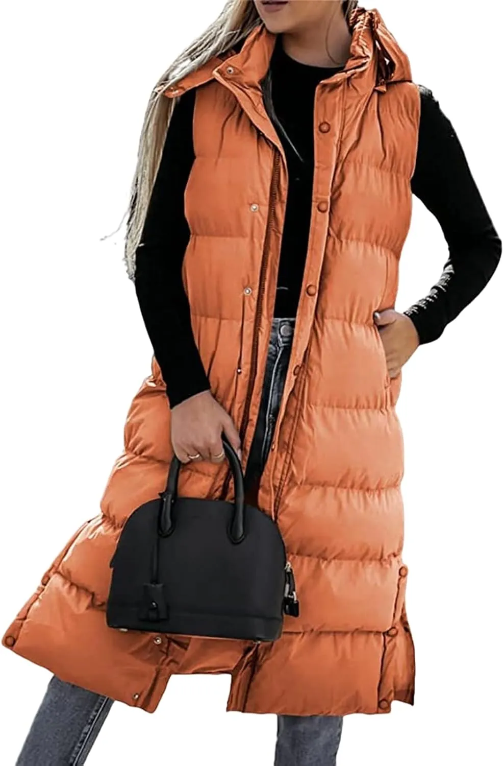 Mmoneyake Long Puffer Vest Women with Hood 2024 Button Zip Up Sleeveless Vests Quilted Puffer Down Jacket Winter Long Coats