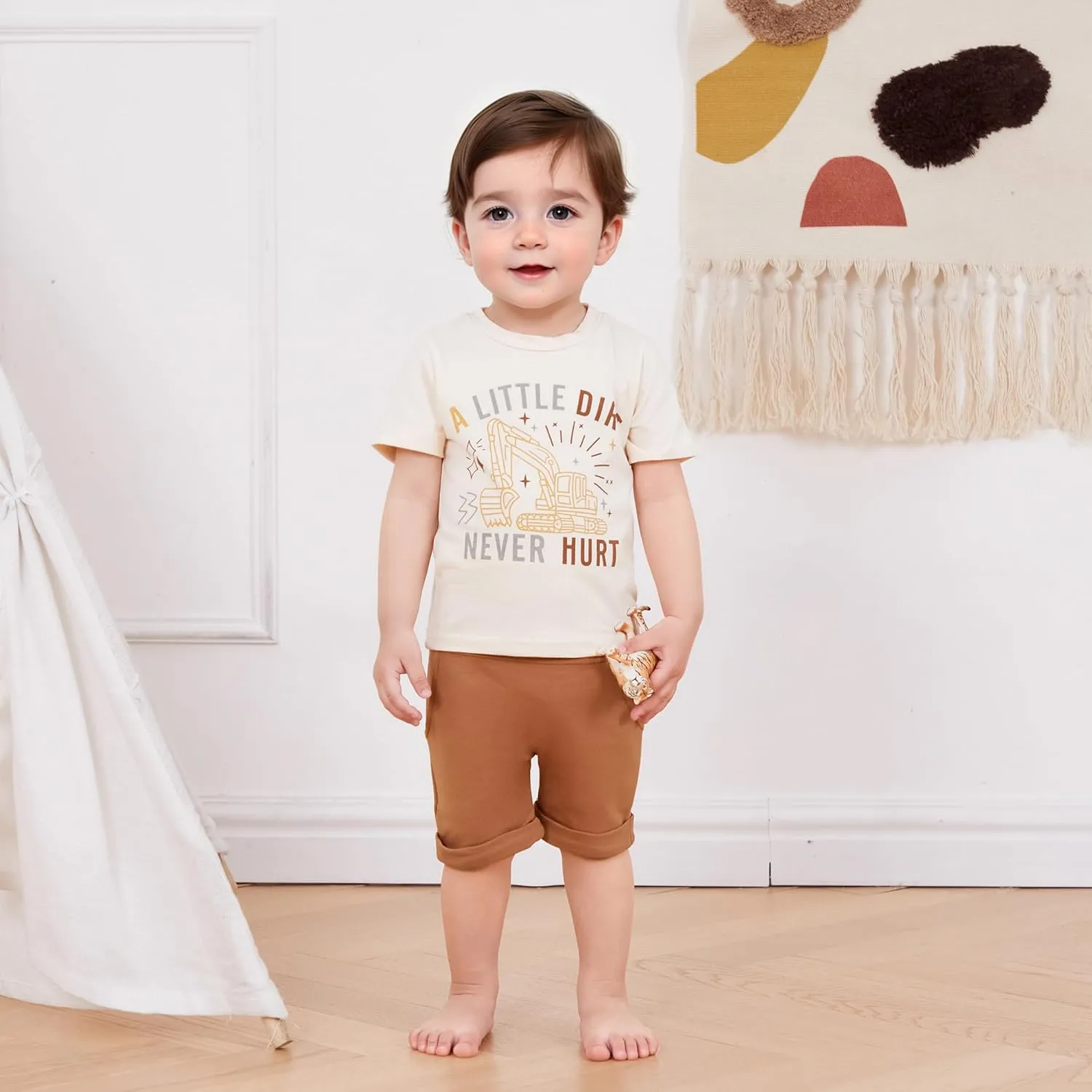 Murnouche Toddler Baby Boy Summer Clothes Excavator Print Letter T Shirt Casual Shorts Set
