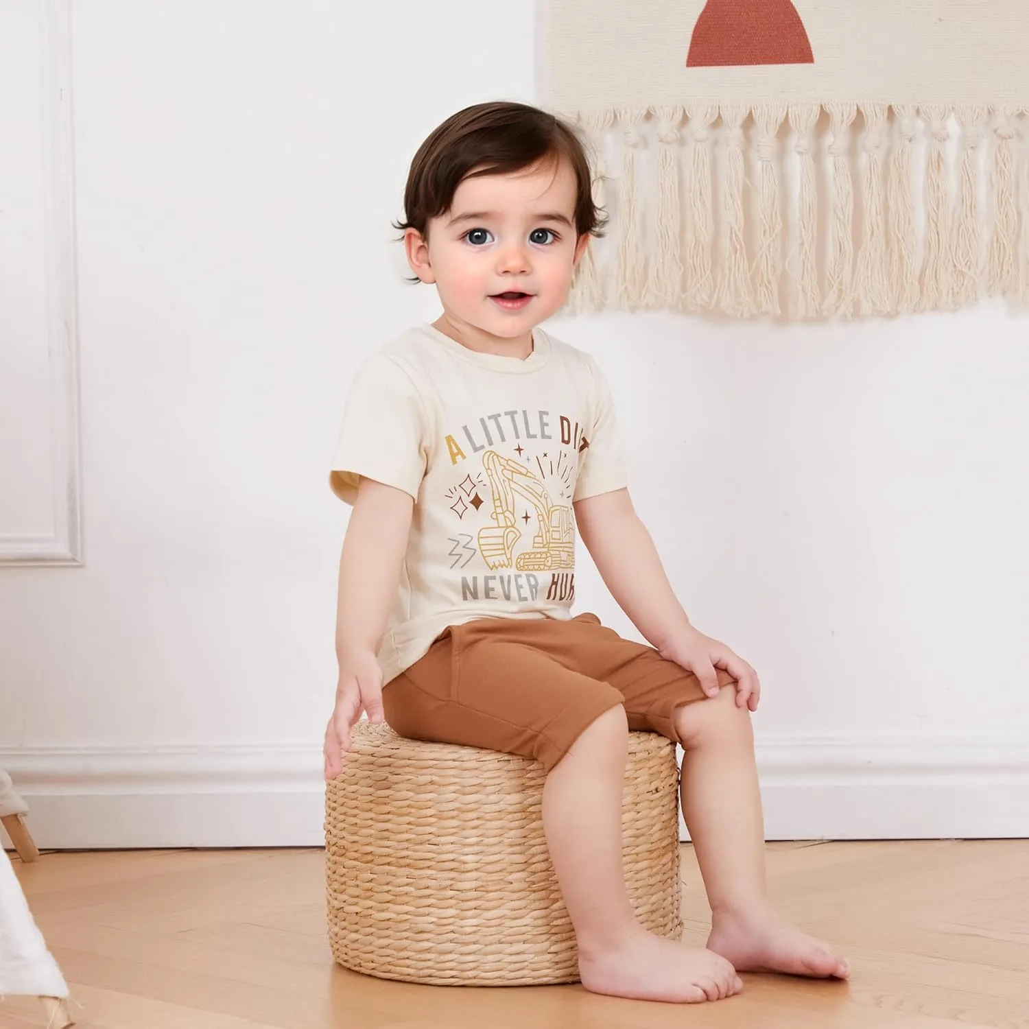 Murnouche Toddler Baby Boy Summer Clothes Excavator Print Letter T Shirt Casual Shorts Set