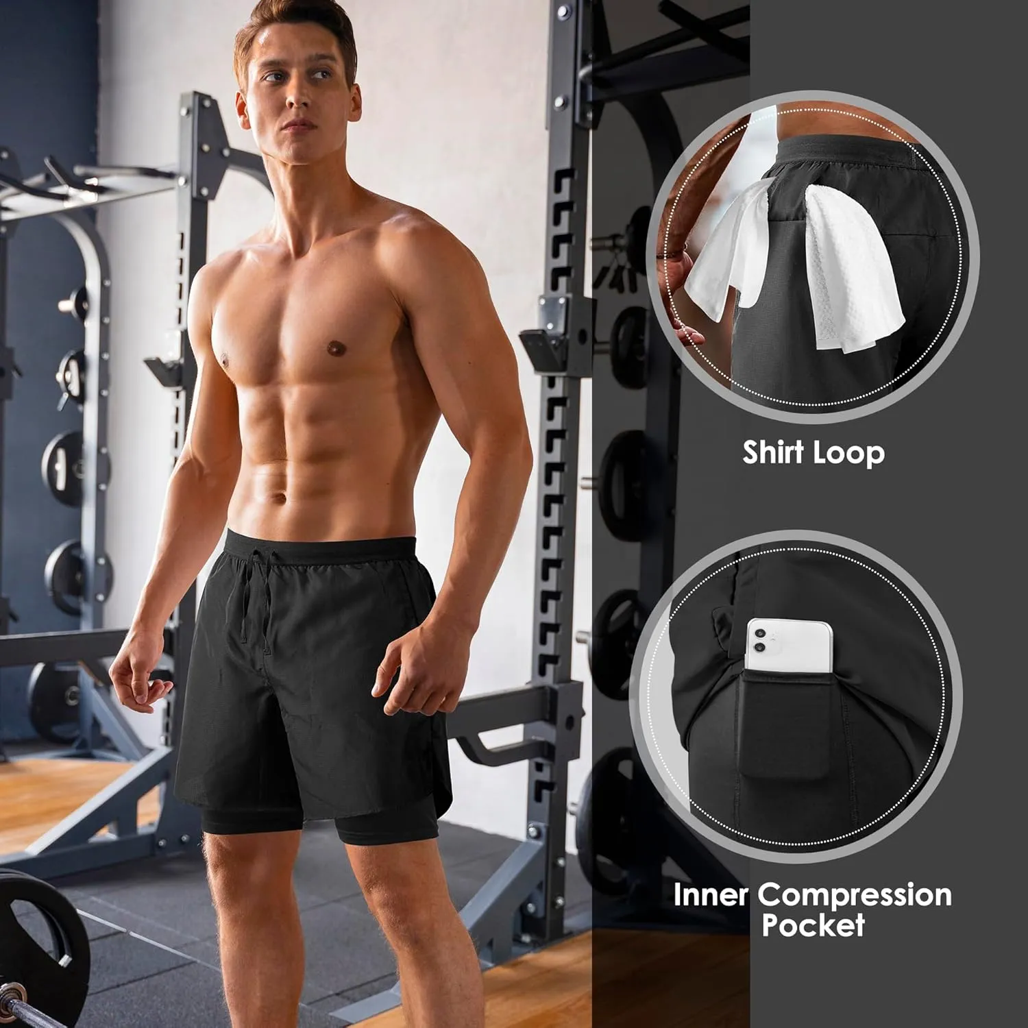 NIMOJIRO Men's 2 in 1 Running Shorts Workout Athletic Training Gym Outdoor Sports Shorts