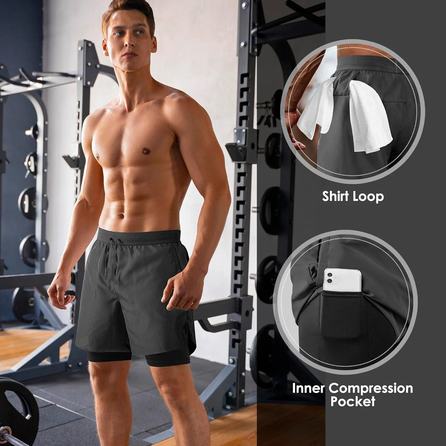 NIMOJIRO Men's 2 in 1 Running Shorts Workout Athletic Training Gym Outdoor Sports Shorts