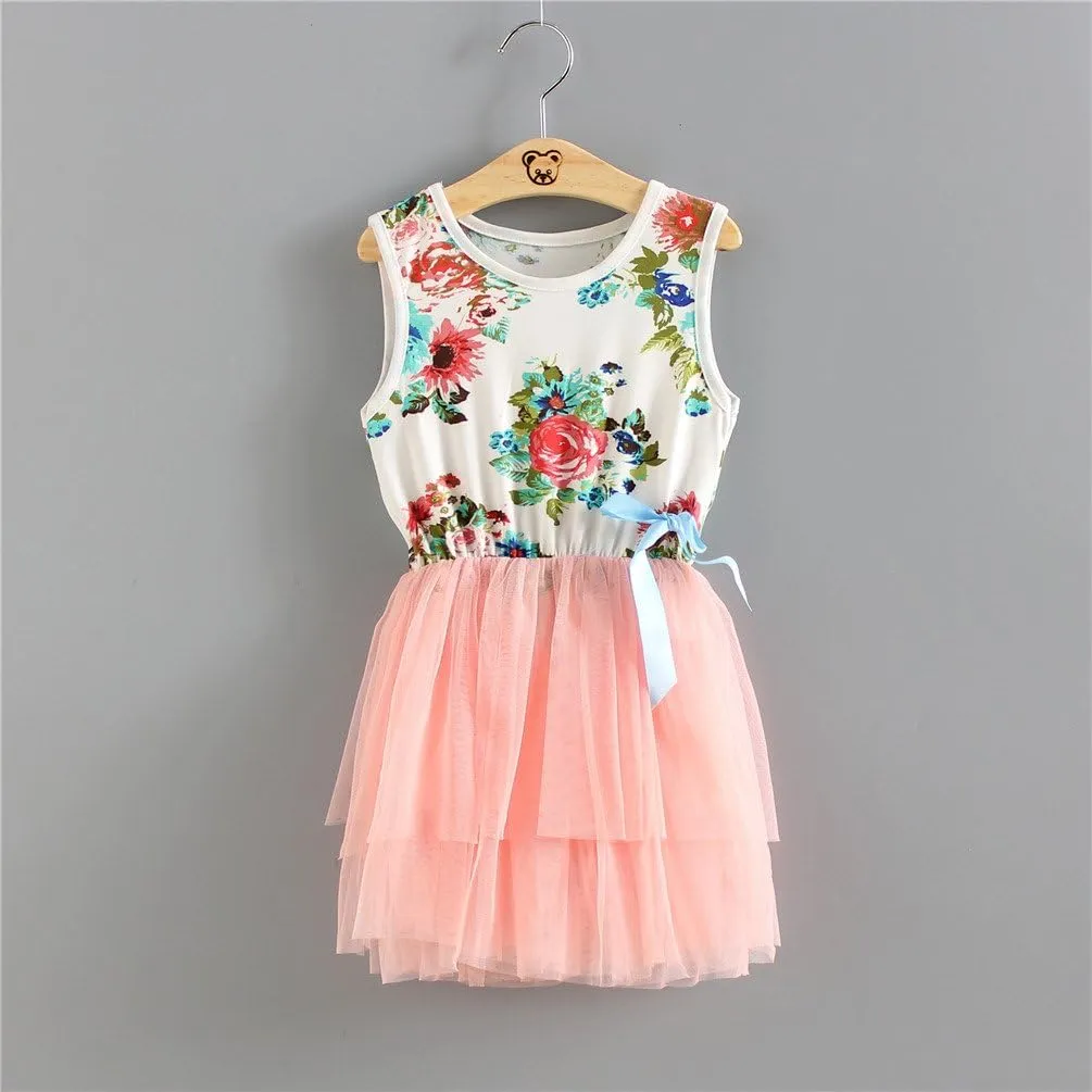Niyage Little Girls Sleeveless Floral Princess Dress Tulle Tutu Sundress