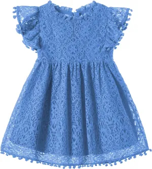 Niyage Toddler Girls Elegant Lace Pom Pom Flutter Sleeve Party Princess Dress