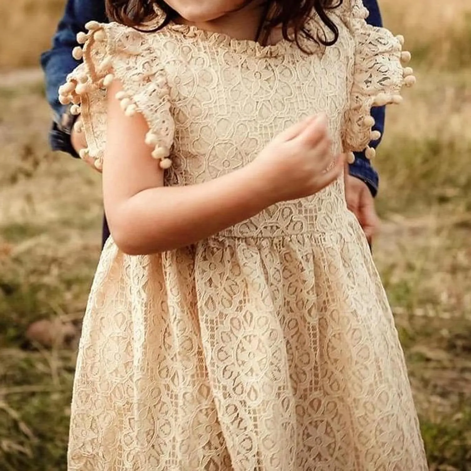 Niyage Toddler Girls Elegant Lace Pom Pom Flutter Sleeve Party Princess Dress