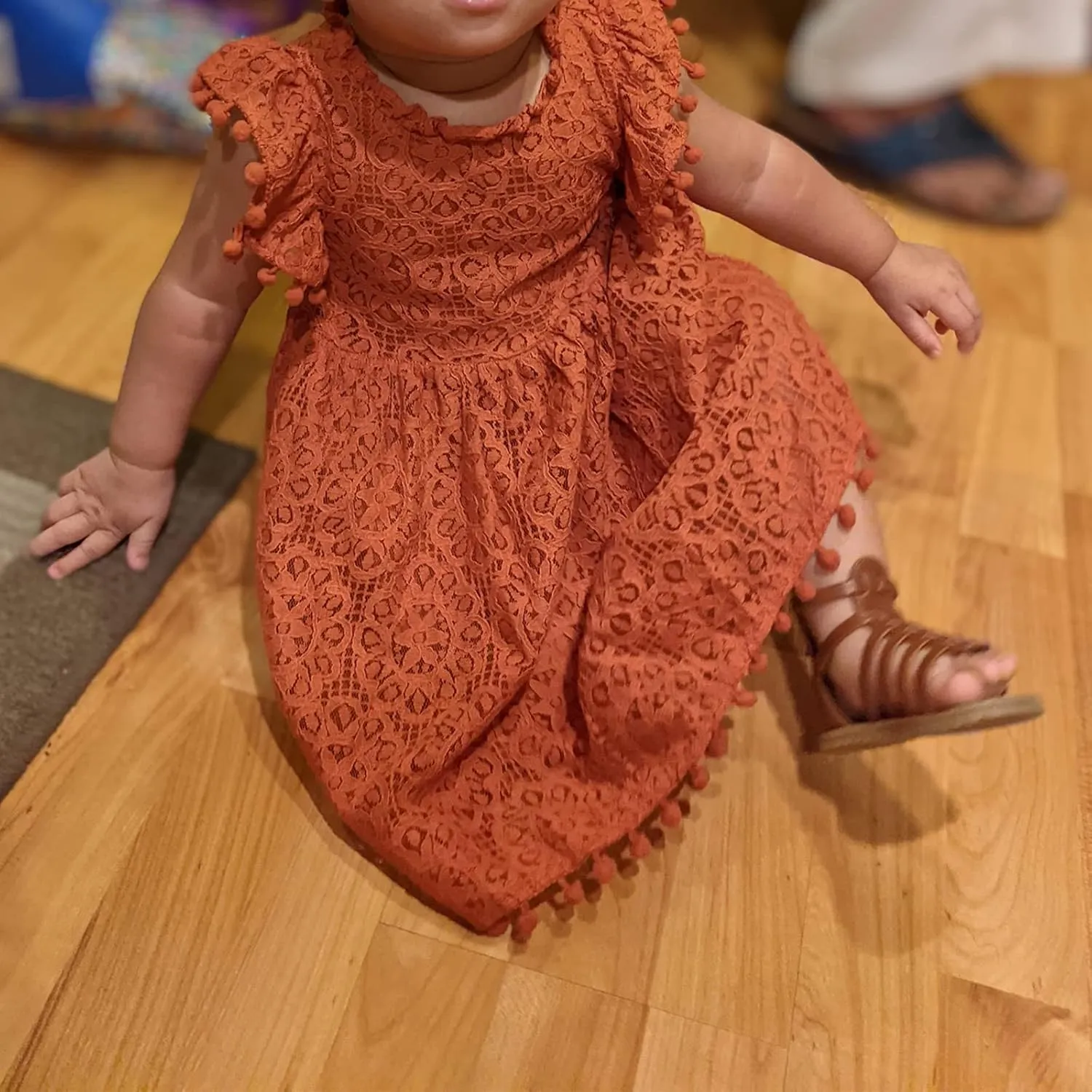Niyage Toddler Girls Elegant Lace Pom Pom Flutter Sleeve Party Princess Dress