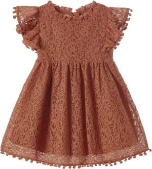 Niyage Toddler Girls Elegant Lace Pom Pom Flutter Sleeve Party Princess Dress